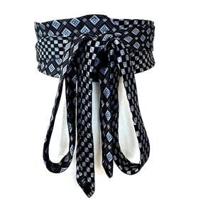 Black Obi Belt Wide One Size Wrap Unique Satin Silver Plaid Handmade Artsy